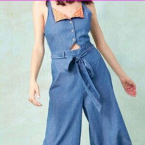 / Modcloth Chambray Jumpsuit Waist  Cutout Spring Summer 80s SMALL  - H2543